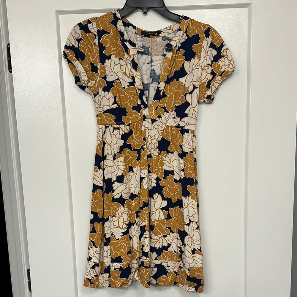 Lovers + Friends Yellow and Navy Blue Puff Sleeve Mini Sundress
